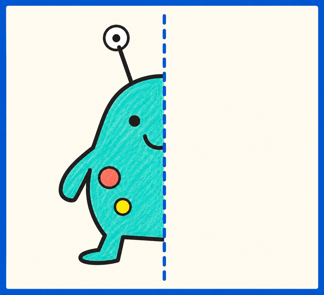 Color-added mirror monster example with one half left blank to draw.
