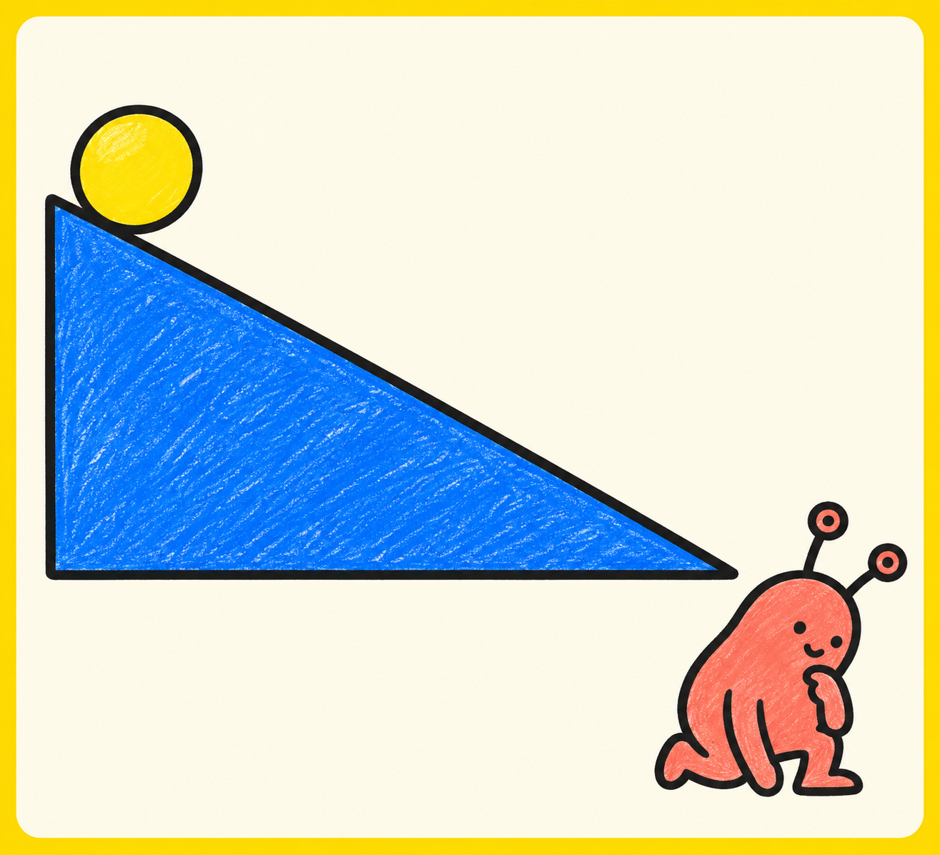Color-added ramp example with a yellow ball and a little thinking monster.